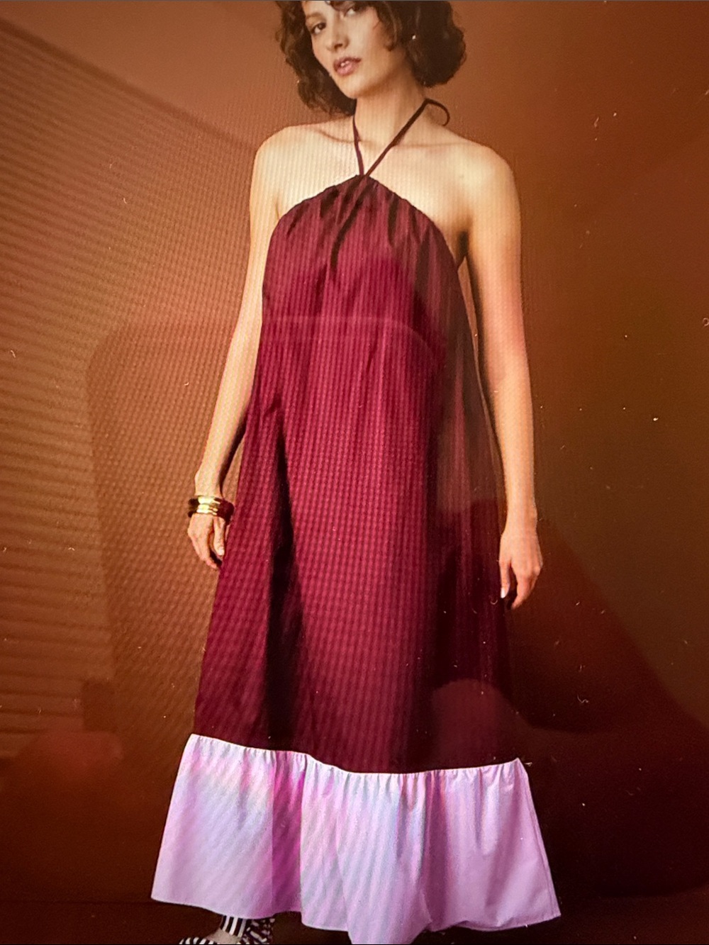 Rosie Assoulin Burgundy Halter Maxi Dress with Pink Ruffle